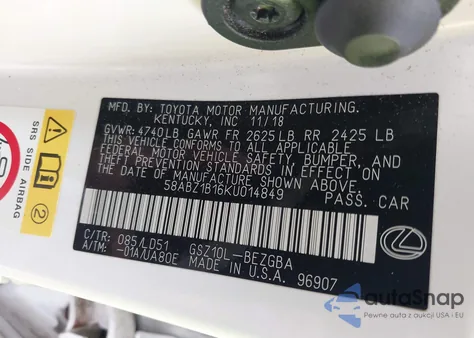 2019 Lexus Es 350 z USA, uszkodzony, nr VIN 58ABZ1B16KU014849